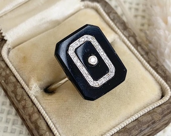 Antiker 18 Karat Weißgold, 1920er Jahre Art Deco Onyx & Diamant Rechteckiger Ring