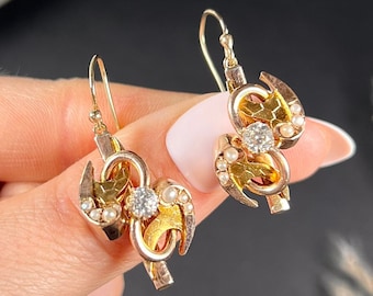 Antique 12ct Gold Stamped, Victorian Diamond & Pearl Drop Earrings