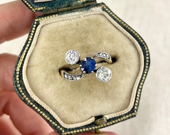 Antique 18ct Gold, Victorian Belle Époque Sapphire & Diamond Trilogy Ring