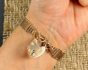 Antique 15ct Yellow & Rose Gold, Authentic Victorian Gate Bracelet with Heart Padlock
