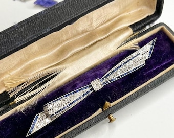 Antique Platinum, Edwardian Sapphire & Diamond Bow Brooch with Original Fitted Antique Box