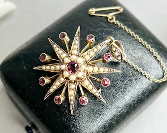Antieke 9 kt roségoud, edwardiaanse granaat en parelsterbroche/hanger