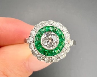 Platinum, Art Deco Style Calibrated Emerald & Old Cut Diamond Target Ring