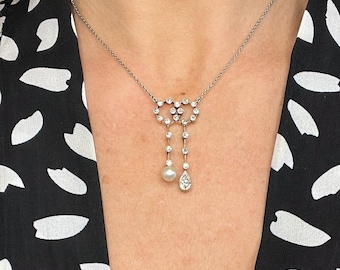 Antique Platinum & 18ct Gold Edwardian Diamond Pearl Negligee Pendant Necklace