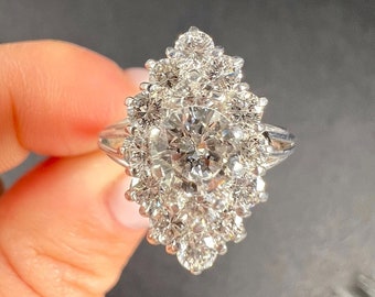 Vintage 18ct White Gold French Stamped, 2 Carat Marquise/Navette Diamond Ring