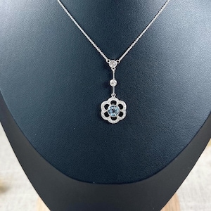 Antique 18ct White Gold, Edwardian Aquamarine & Diamond Articulated Flower Pendant Necklace