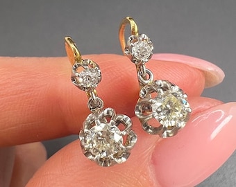 Antique 18ct Gold & Platinum French Stamped, Edwardian era Diamond Drop Dangle Earrings