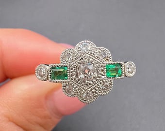 Antique 18ct Yellow Gold & Platinum, Edwardian Emerald and Diamond Ring