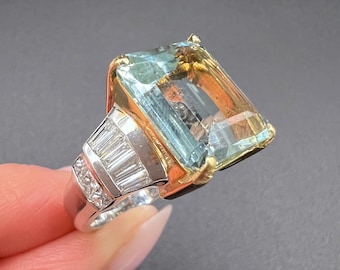 Vintage 18ct zweifarbiges Gold, Aquamarin & Diamant Cocktailring