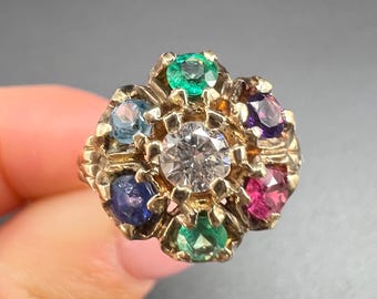 Vintage 10k Gold Gemstone Daisy Ring: Diamond, Emerald, Ruby, Sapphire