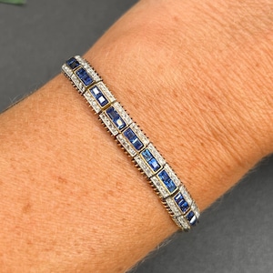 Antique 18ct Yellow Gold & Platinum French Stamped, Edwardian Calibrated Sapphire and Rose Cut Diamond Bracelet