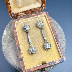 Antique 18ct Gold & Platinum, 1920s Diamond Dormeuse Setting Drop Dangle Earrings