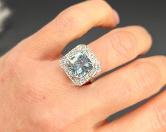 Antiker 18 Karat Weißgold, Aquamarin & Diamant Ring aus den 1920er Jahren