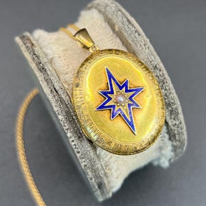 Antique 15ct Yellow Gold, Victorian Seed Pearl & Blue Enamel Star, Oval Shaped Locket