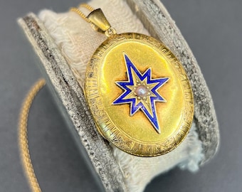 Antique 15ct Yellow Gold, Victorian Seed Pearl & Blue Enamel Star, Oval Shaped Locket
