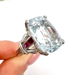Vintage Platinum, 1960s Cushion Cut Aquamarine & Calibrated Ruby Cocktail Ring, Statement Ring