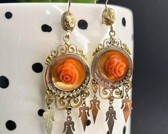 Boucles d'oreilles pendantes anciennes en or 15 carats, corail sculpté rose victorien, bijoux tendance vintage