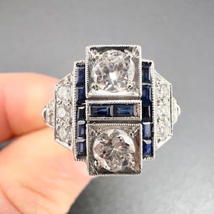 Art Deco Style 18ct White Gold, Sapphire & Diamond Geometric Plaque Ring
