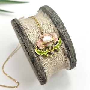 Antique 14ct Gold, 1920s Enamel, Pearl & Diamond Floral Pendant Necklace