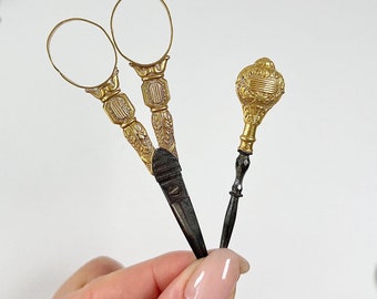 Antique 18ct Gold, French Stamped Etui Sewing Set, Needlework Tools, Sewing Kit, Scissors & Stiletto