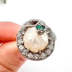 Antique Platinum, Edwardian era Pearl & Emerald Snake Ring, Snake Jewellery