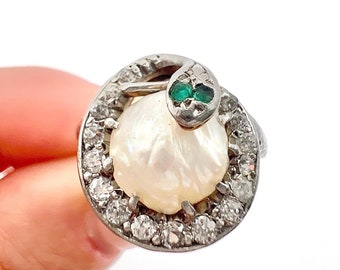 Antique Platinum, Edwardian era Pearl & Emerald Snake Ring, Snake Jewellery