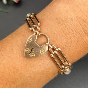 Antique 9ct Rose Gold Stamped, 1920s Moonstone Gate Bracelet with Heart Padlock Clasp