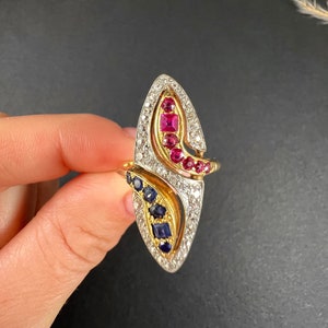 Vintage 14ct Yellow Gold, 1950s Double Headed Ruby, Sapphire & Diamond Marquise Snake Ring