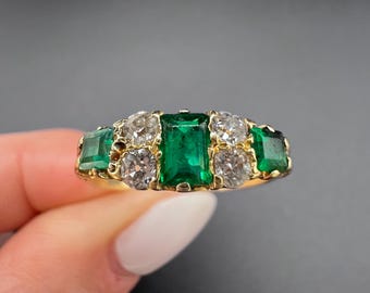 Antique 18ct Yellow Gold, Victorian Emerald and Diamond Carved Ring