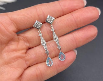 Antique 18ct Gold & Platinum, 1920s Aquamarine and Diamond Drop Earrings