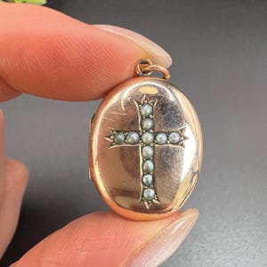 Antique 9ct Yellow Gold Stamped, Edwardian era Seed Pearl Cross Oval Shaped Locket, Religious Jewellery