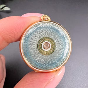 Antique 18ct Yellow Gold, Edwardian Guilloche Enamel & Rose Cut Diamond Round Locket