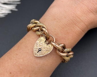Antique 9ct Rose Gold Curb Bracelet: Victorian Night & Day Heart Padlock