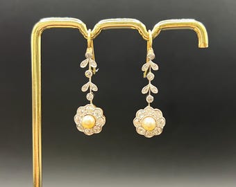 Antique 18ct Gold & Platinum, Edwardian Diamond and Pearl Daisy Drop Earrings