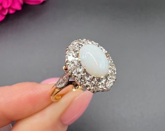 Vintage 18ct Yellow Gold, 1960s Opal & Diamond Oval Shaped Cluster Ring