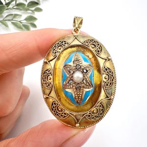 Victorian 15ct Gold Locket Pendant: Turquoise Enamel, Pearl & Diamond Star