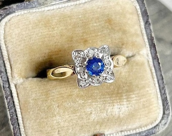 Vintage 18ct Gold, Sapphire & Diamond Square Cluster Ring, Hallmarked London 1971
