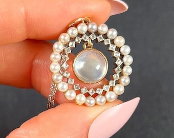 Antique 18ct Gold & Platinum Edwardian Moonstone, Diamond, Pearl Halo Pendant