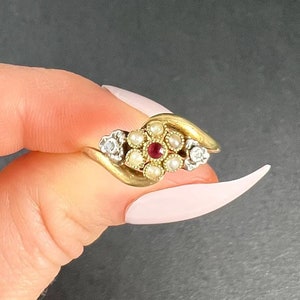 Antique 18ct Gold French Stamped, Edwardian Ruby, Diamond & Pearl Daisy Cluster Ring