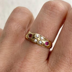 Antique 18ct Gold, Victorian Ruby & Pearl Ring With Pretty Carved Shoulders, Hallmarked Birmingham 1898
