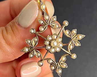 Or 9 carats ancien, pendentif fleur de perle de rocaille naturelle de l'époque édouardienne, broche florale vintage
