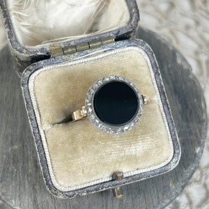 Antique 14ct Rose Gold, 1920s Round Onyx and Diamond Halo Ring