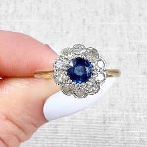 Antique 18ct Gold & Platinum Stamped, Edwardian Sapphire Diamond Daisy Cluster Ring
