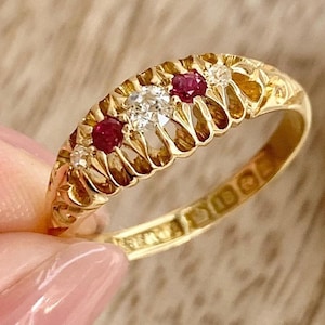 Antique Edwardian 18ct Gold Ruby & Diamond Ring With Hand Carved Shoulders, Hallmarked Birmingham 1911