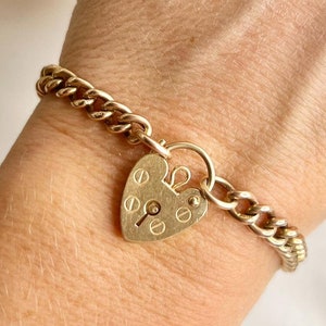 Antique 9ct Rose Gold Stamped, Edwardian era Curb Link Heart Padlock Bracelet