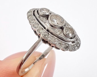 Antique 18ct White Gold Stamped, Edwardian Three Stone Diamond Ring, Oval Halo Ring