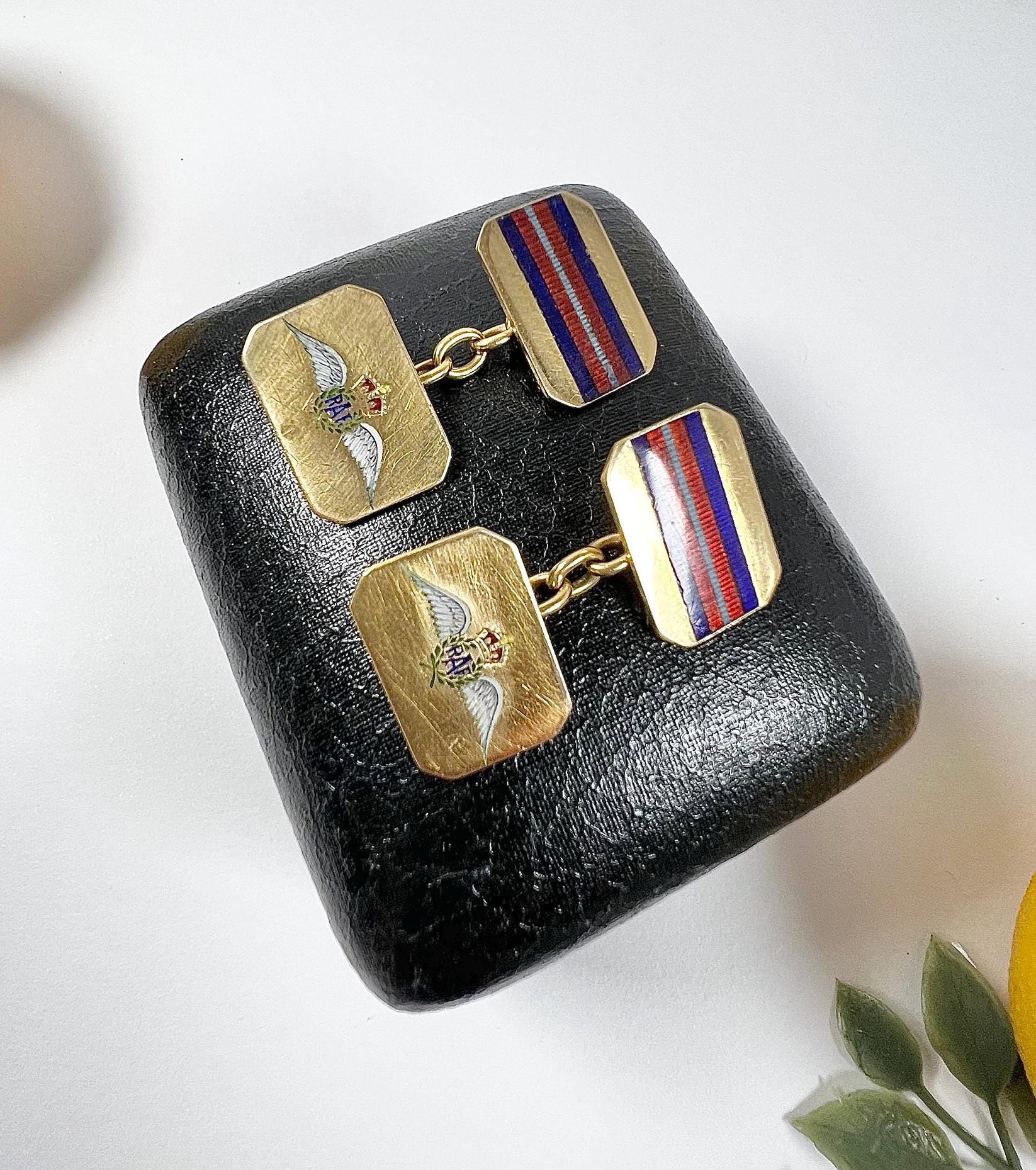 Boutons De Manchette Anciens Blason Royal Hawaïen - Or 14 Carats Et émail, Vintage Art Deco