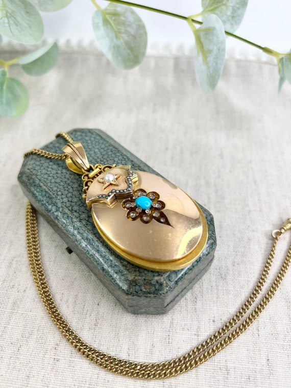 Antique 18ct Gold Large Victorian, Turquoise, Pea… - image 5