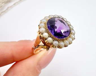 Bague ancienne de style édouardien en or jaune 9 carats estampée, améthyste ronde et perles de rocaille