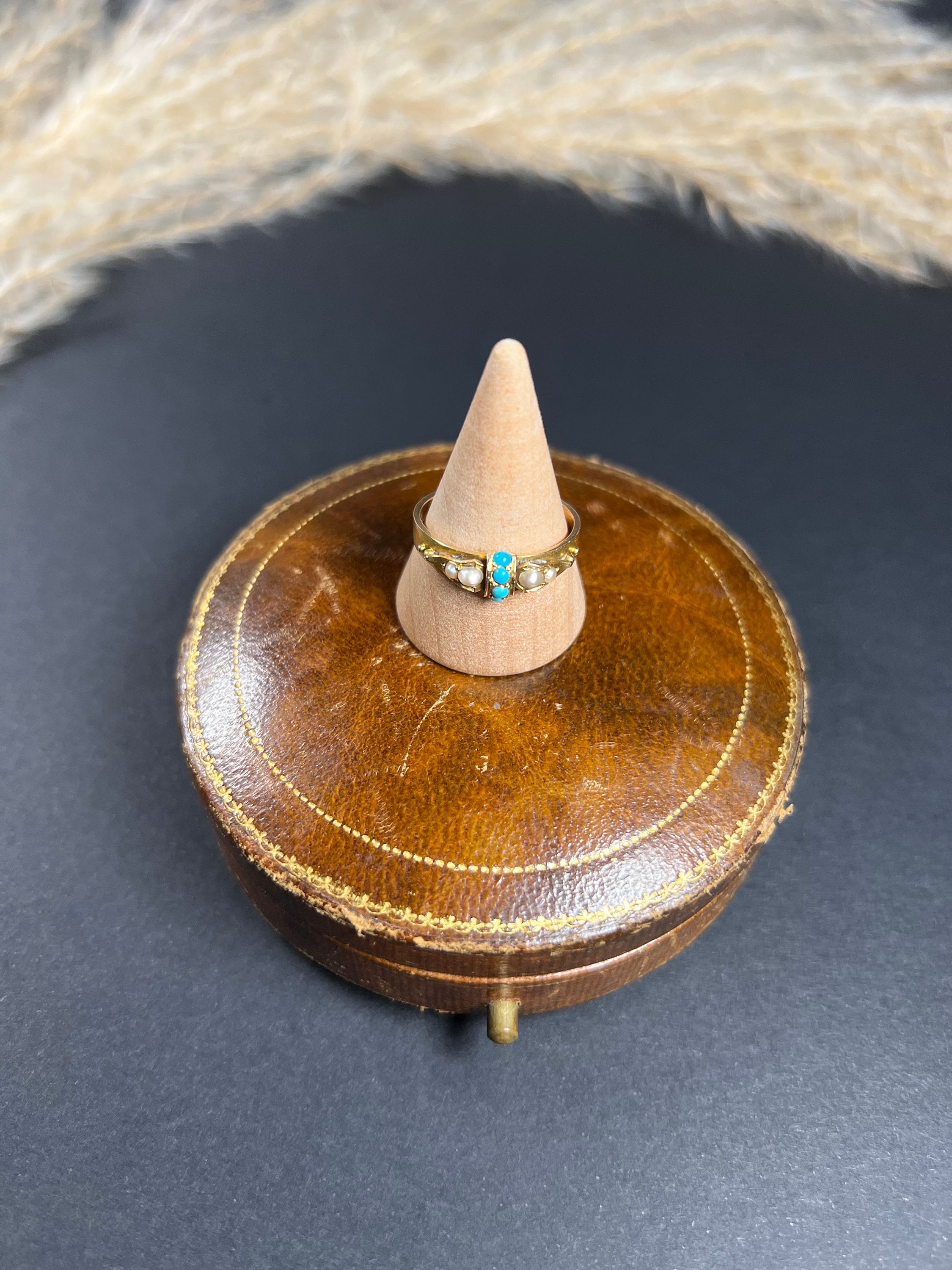 Antique 15ct Gold Victorian Turquoise & Pearl Gypsy Band Ring